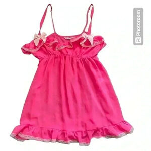 Vintage sexy pink bow 🎀 lace trim‎ short nightgown M
